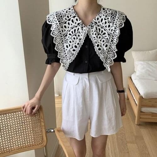 Blusas Mujer De Moda 2021 Summer Vintage Lace Collar Shirts for Women Top Ladies Embroidery Black Short Sleeve White Blouse 1006