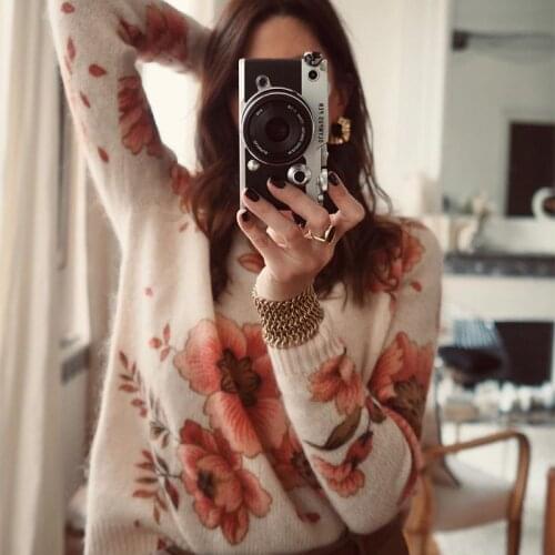 Floral Print Knit Winter Sweater Women Casual O Neck Long Sleeve Chic Mohair Pullover 2021 Vintage Warm Autumn Sweater Women Top