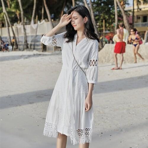 Bohemian Boho Embroidery White Dress Ethnic Tassels Women V-neck Hollowed Beach Women Dress Festival Robe Gown Vestidos Luxury