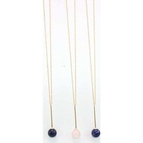 2016 new pink spar Natural stone bead cooper bar pendant necklace women three color ball long simple necklace