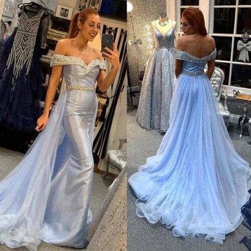 Mermaid Long Evening Prom Dresses with Overskirt Sparkly Crystals Beading Off Shoulder Party Gown vestido madre de la novia