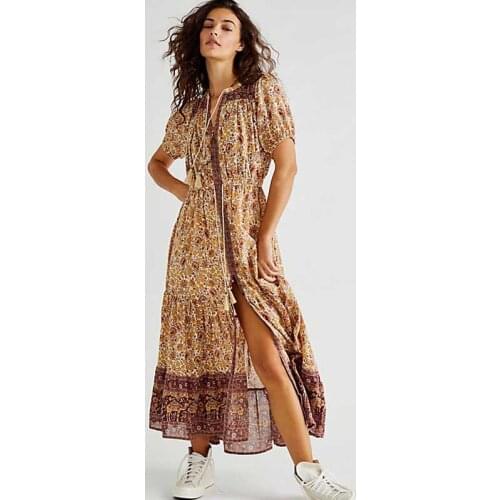 Super Chic vintage floral dress for women short sleeve buttons down maxi dress new cotton bohemian summer dress long boho dress