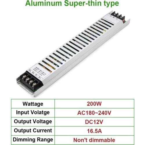 200W 16A Led Super-thin lighting Transformer Aluminum AC180-240V Output DC12V Driver mainy using for advertising lighting box