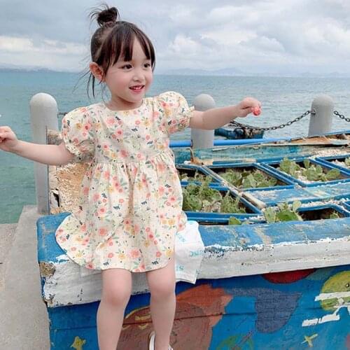 2021 Summer New Girls Infant Backless Floral Puff Sleeve Short Sleeve Fairy Dress Childrens Clothing