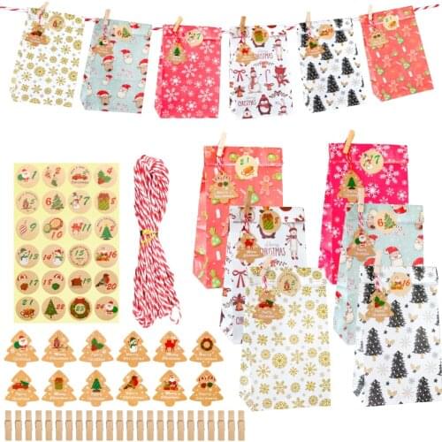24sets Advent Bunting Bag Calendar Treat Bag Christmas Holiday Count Down Favor Bag with Advent Stickers Xmas Tag Gift Pack Set