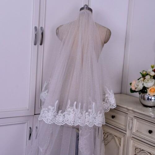TOPQUEEN V105 Lace Edge Sparking Wedding Veil with Blusher Two Tier Bridal Veil Long Wedding Lace Veil Cover Face Glitter Veil