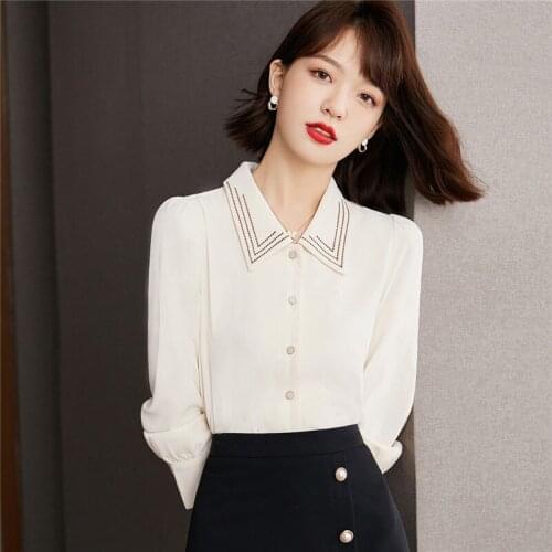 Women Office Lady Embroidery OL Blouses Y2K Loose Shirts Harajuku Vintage Blusas Autumn Fashion Long Sleeve Tops Female T056