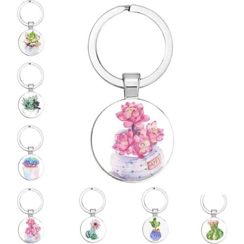 Succulent Keychain Round Glass Cabochon DIY Succulent Plant Keychain Gift for Men and Women