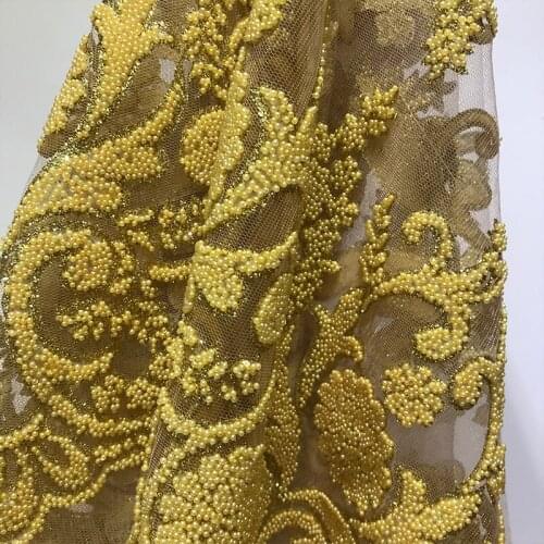 Indian Gorgeous French Net Lace with Full Beads Fabric for Glittering Sequin Evening Dress Cream Color Mesh Yellow Pearls Glued