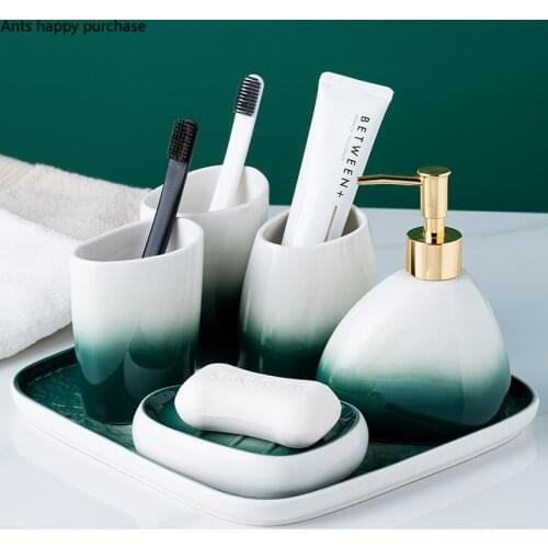 Ceramics Bathroom Five-piece Set Gradient Mouthwash Cup Lotion Bottle Toothbrush Holder Soap Dish Household Bathroom Supplies
