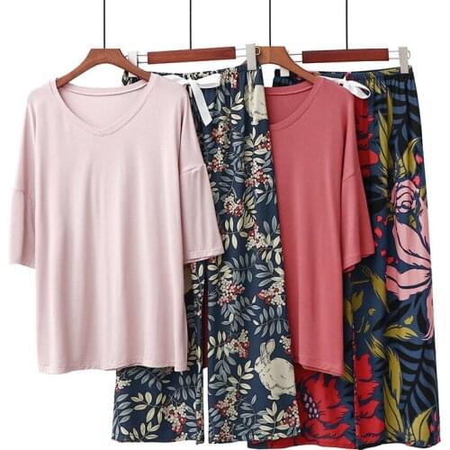 Causal Modal Pajama Sets Women Tracksuit 2 Piece Shorts Sleeve V-neck T-shirts Printed Wide Leg Trousers Sleepwear Nightwear