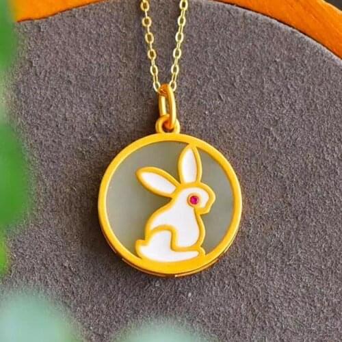 Small Jade Hare Hotian Jade Pendant Womens Jade Safety-Blessing Card round Necklace Womens Sterling Silver Ancient Burning Blu