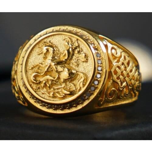 Saint George Slaying the Dragon Silver Rings for man Vintage Fashion Jewelry