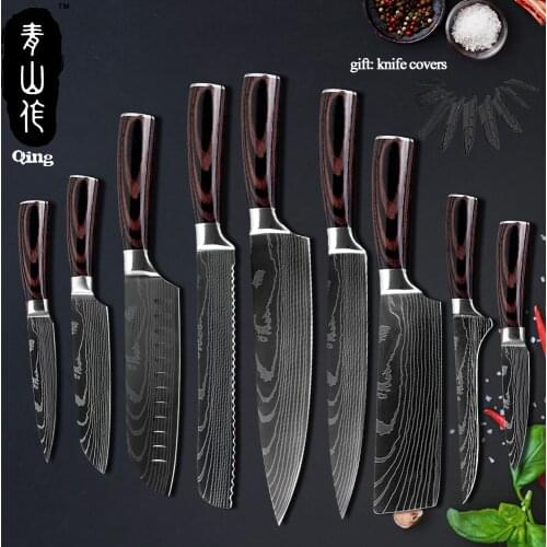 Qing High Quality Japanese Kitchen Knives Cutlery Set Stainless Steel Laser Damascus Pattern Chef Knife Tool Gift Knife Covers