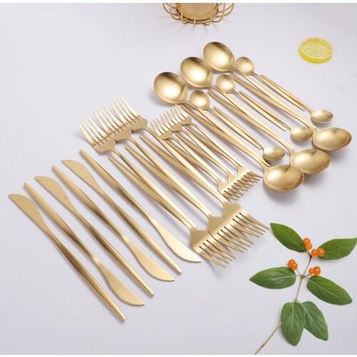 Tableware Matte Gold Cutlery Sets Stainless Steel Dinnerware Set Dishwasher Safe Knives Forks Spoons Kitchen Flateware Set