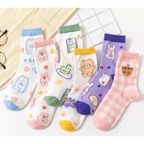 Animal Print Harajuku Kawaii Women Socks Rabbit Bear Design Cute Socks Abstract Oil Painting Korean Style Art Creative Sokken
