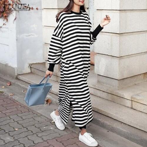 2021 Spring ZANZEA Women Striped Dress Vintage Long Sleeve O Neck Casual Loose Split Maxi Long Dress Autumn Vestidos