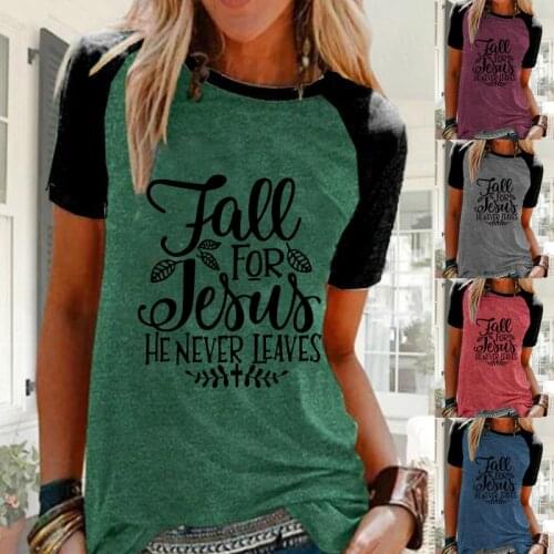 Plus Size Womens Fashion Casual Short Sleeve Tops T-shirt Ladies O-Neck Blouse (Fall For Jesus He Never Leaves)Print Blouse