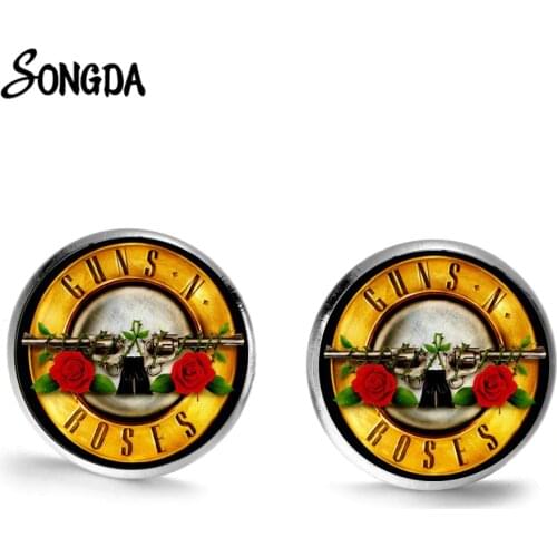 Hot Sale Guns N Roses Stud Earrings Guns and Roses Pattern Glass Cabochon Steampunk Earring Trendy Rock Band Fans Jewelry