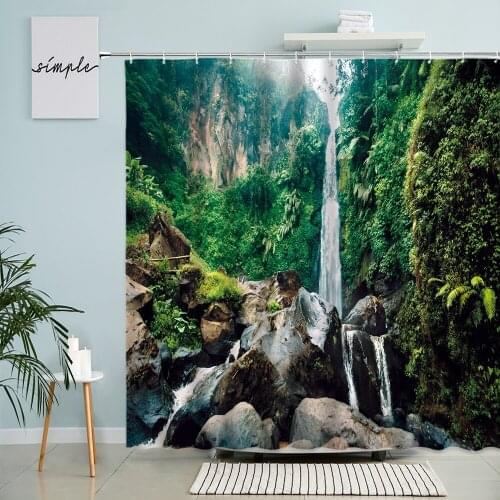 Natural Landscape Shower Curtain Waterfall Forest Green Plant Stone Scenery Bathroom Bathtub Waterproof Cloth Curtains With Hook