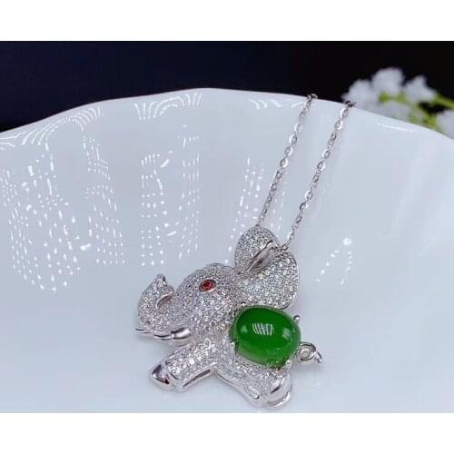 Funny elephant style green Jade necklace for women silver jewelry real 925 silver oval natural jade girl party gift