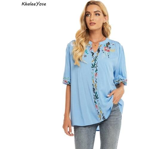 KHALEE YOSE Floral Embroidery Blouse Shirt Cotton Summer Mexican Women Shirt Plus Size Oversized 2xl 3xl Ethnic Ladies Shirt