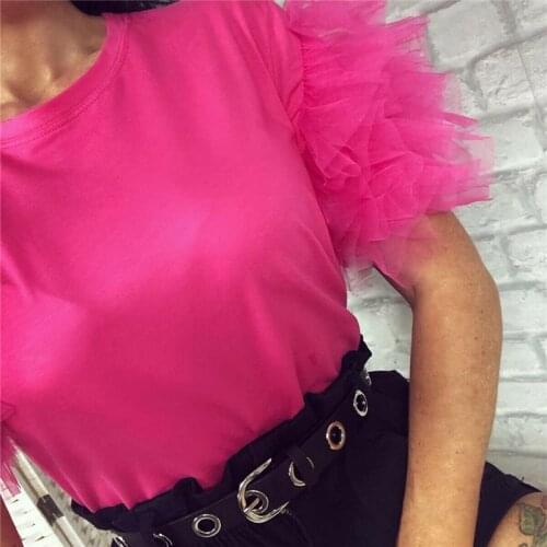 2020 Fashion Elegant Women Summer Lace Tulle Ruffle Short Puff Sleeve Shirt Ladies Solid Sim Casual Blouse Top