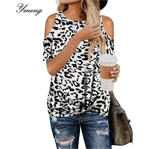 YMING Womans Summer Leopard Short T-Shirt Round Neck Loose Top Urban Casual Off-the-shoulder Sleeve T-shirt Womens Clothing
