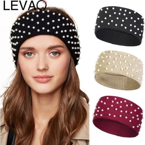 LEVAO Women Headband Solid Color Wide Turban with Pearl Cotton Knitted Girls Autumn Hairband Hair Accessories Headwrap Headdress