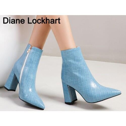 Ladies ankle boots sexy Thick heels pointed toe ladies boots winter women boots black blue brown 2021 hot sale botas altas mujer