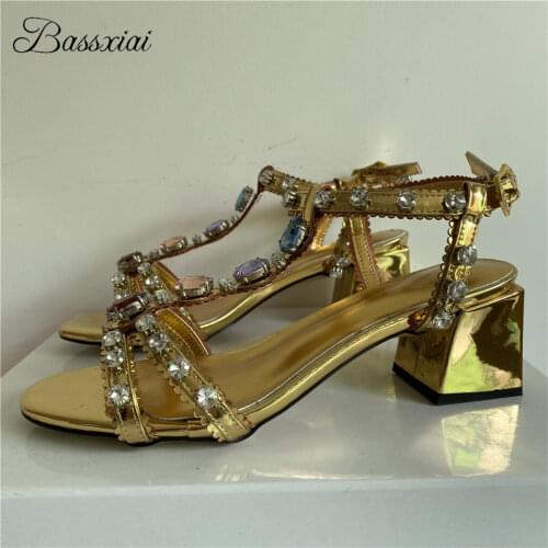 Jeweled Diamond T-strap Sandals For Girls Women Square Heel Real Leather Rivet Decor Rhinestone Party Shoes Summer