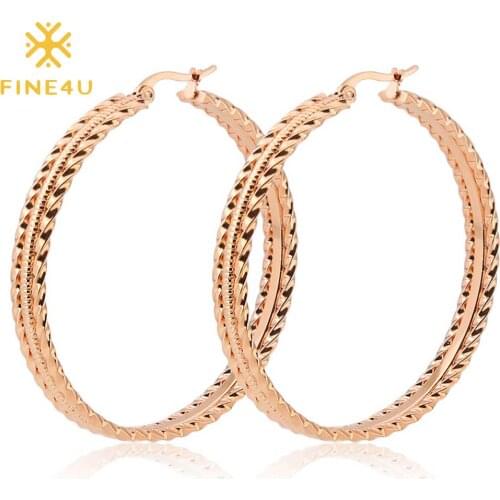 FINE4U E203 Gold color Stainless Steel Earrings 2020 Women Small or Big Hoop Earrings Party Rock Gift, 4 Colors Wholesale