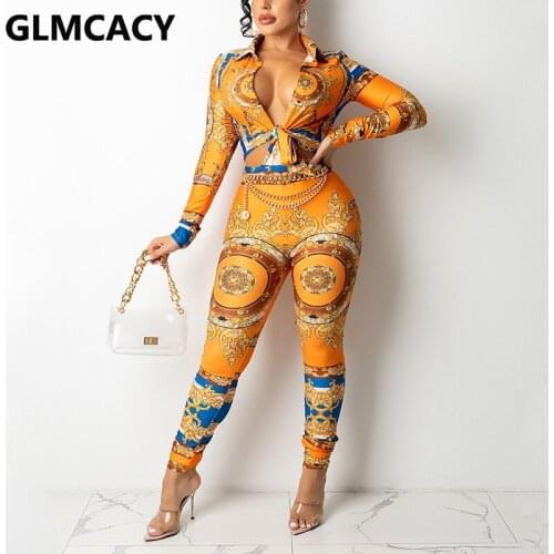 Women Two Piece Vintage Printed Shirt Set Long Sleeve Tie Front Shirt & Slim Pants Set