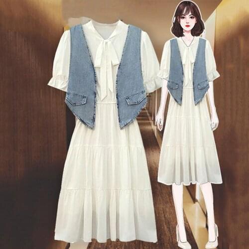 Plus Size Women White Dress Suit Summer New 2021 Denim Vest Jacket And Short Sleeve Chiffon Dress Two Piece Set Female aq421