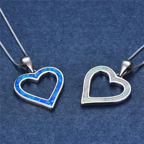 Cute Boho Female Big Heart Pendants Necklaces Fashion Silver Color White Blue Opal Necklaces For Women Vintage Jewelry