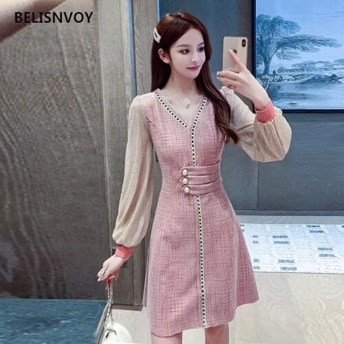 Autumn Spring Sweet Dress Fashion Women Pink Blue Apricot Patchwork Sequined V-Neck Female Slim Puff Sleeve A-Line Dress