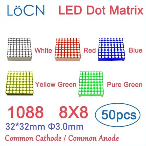 LED Dot Matrix 1088 RED GREEN BLUE WHITE 8x8 Common Cathode Common Anode 32*32mm 3.0mm 1088AS AS LED Display Digital tube