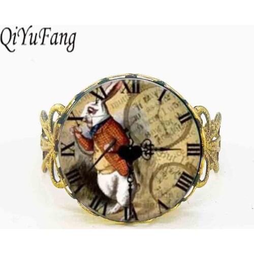 Alice in Wonderland rabbit watch adjustable ring Fairytale girl women men friends gift vintage antique charms steel bronze time