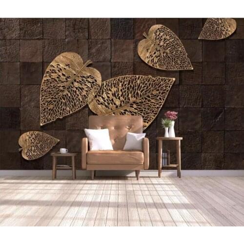 Bacal Custom photo 3D wallpaper mural modern minimalist European retro three-dimensional wood grain golden leaves background