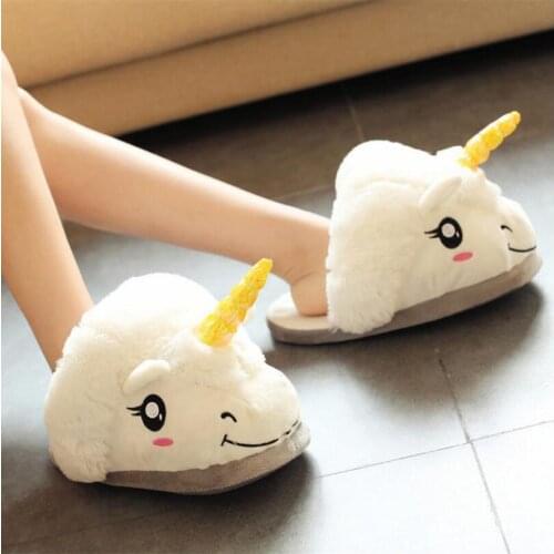 CHAISHOU Hot autumn and winter cartoon unicorn cotton slippers unisex croissant plush toy home slippers Only one size 35-42