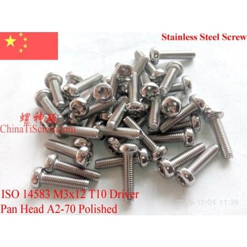 ISO 14583 Stainless Steel screws M3x12 Torx T10 Driver Pan Head A2-70 Polished ROHS 100 pcs