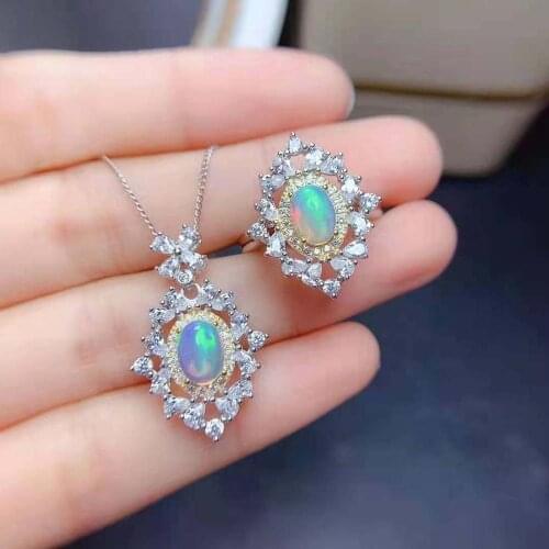 Natural Opal Ring Pendant Necklace Set S925 Silver Fine Fashion Luxurious Jewelry for Women Free Shipping MeibaPJFS