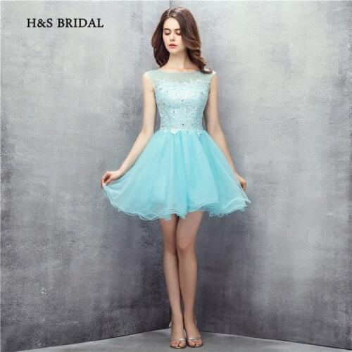 H&S Bridal Above Knee Short Cocktail Party Gowns Blue Tulle Appliques Sweet Girls Graduation Homecoming Dresses