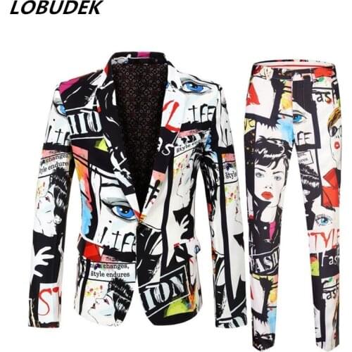 Singer Stage Outfit Costume Fashion Tide Men Casual Suits HIP HOP Doodling Printing Blazer Thin Pants 2 Pieces Set Leisure Suit