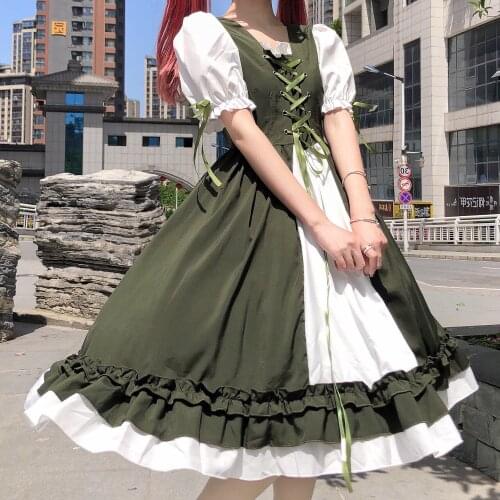 Summer Lolita Green Color Kawaii Contrast Navy Collar Tea Party Japan Style Daily Dress Tea Party Gothic Lolita dress