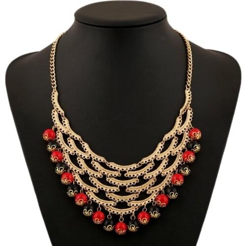 LZHLQ Retro Carved Multilayer Hollow Necklaces Colorful Beads Pendants Necklace Metal Brand Chain Women Ethnic Jewelry Statement