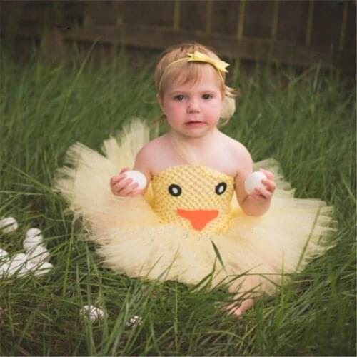 Cute Baby Yellow Duck Animal Tutu Dress Girls Crochet Tulle Dress with Hairbow Children Birthday Party Cosplay Costume Dresses