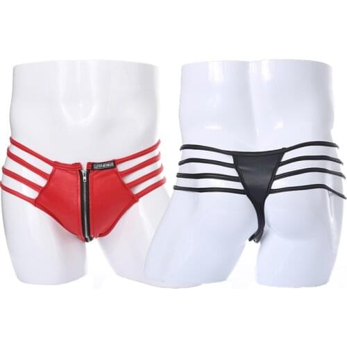 New Sexy Men Faux Leather Thongs Jockstrap Lingerie with zip Fetish Underwear Tangas Underpants Male G-Strings Breifs Underwear