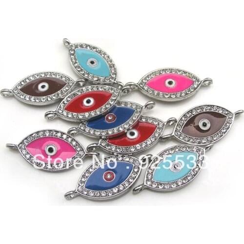 Wholesale New Item 30pcs/lot 3.6*1.5cm Mix Colors Rhinestone Evil eye Charms Connectors for Handmade Bracelets Free Shipping