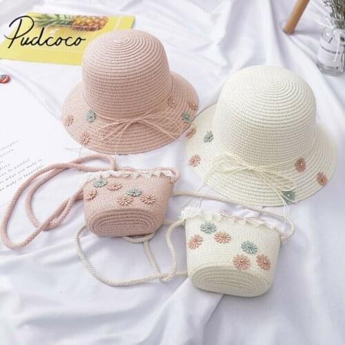 Baby Girl Kids Beach Bucket Breathable Cap Straw Sun Hat+Shoulder Handbag 2 pcs Bag Props Gift Summer Accessories